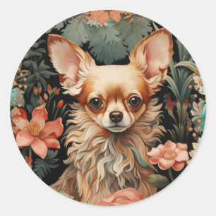 Chihuahua with Flowers in Style of William Morris Classic Round Sticker