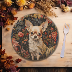 Chihuahua with Flowers in Style of William Morris Paper Plate