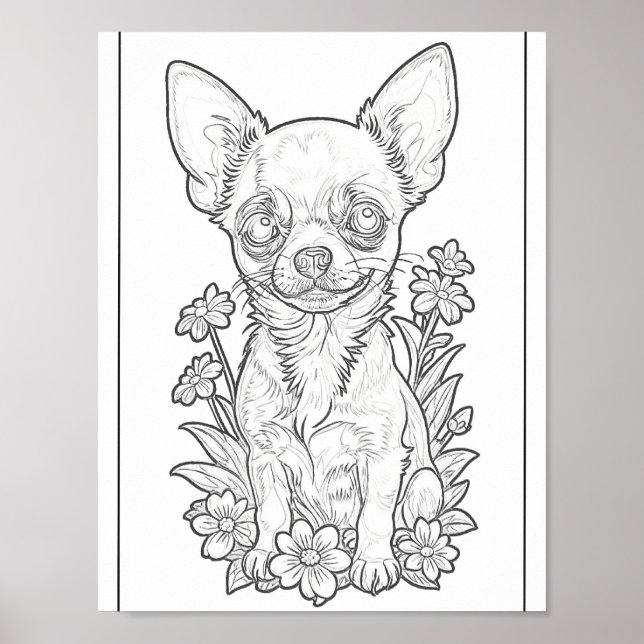 Chihuahua With Flowes Colouring Page Poster (Front)