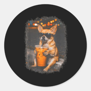 Chihuahua with glasses drinking iced coffee dog classic round sticker