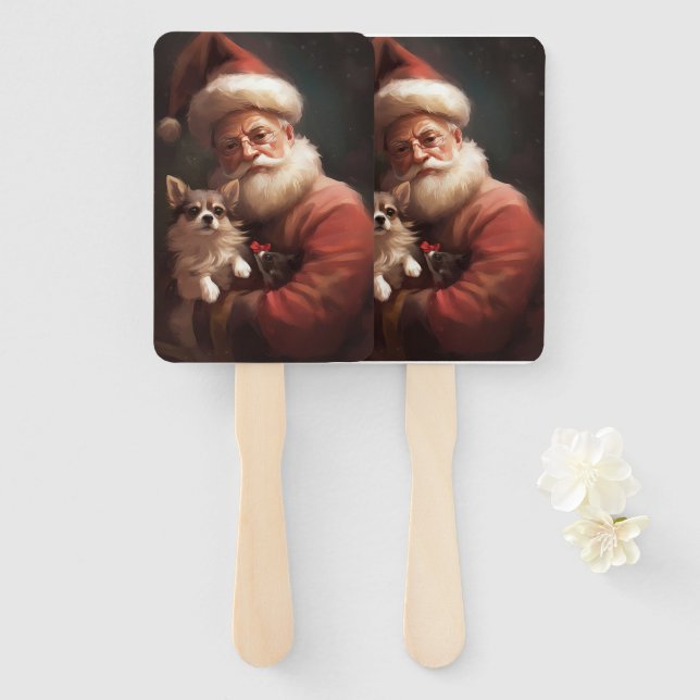 Chihuahua With Santa Claus Festive Christmas Hand Fan (Front and Back)