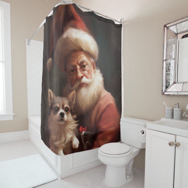 Chihuahua With Santa Claus Festive Christmas Shower Curtain (In Situ)