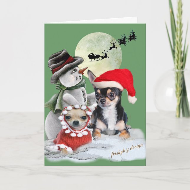 Chihuahua With Snowman Christmas Cards (Front)