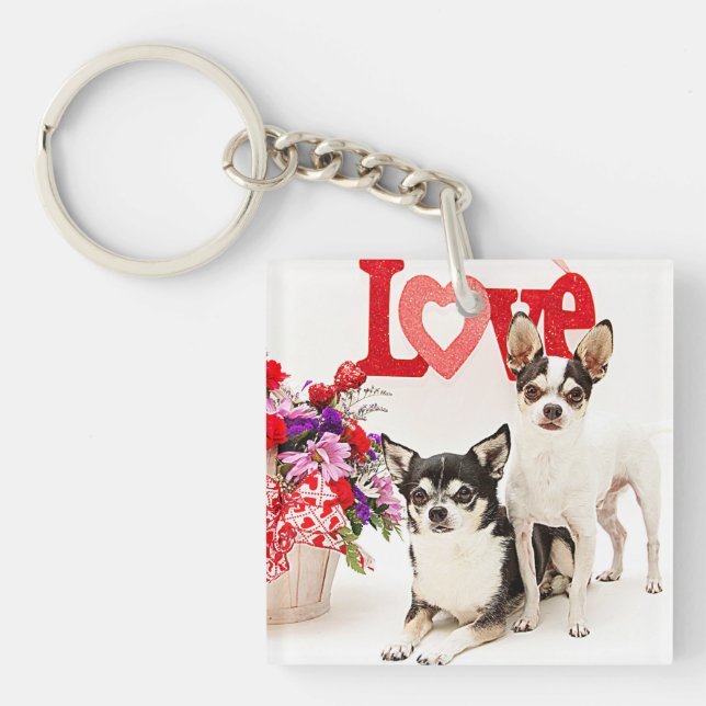 Chihuahua's, Flowers and Love Key Ring (Front)