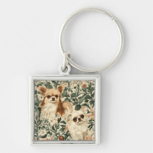 Chihuahuas in a Garden - Two Cute Long-Haired Chis Key Ring