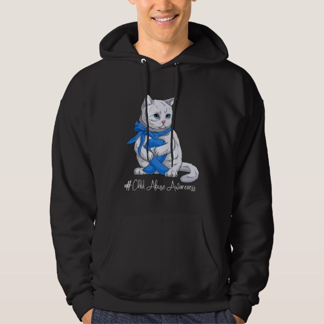 Child Abuse Awareness Month Blue Ribbon Cat Hoodie (Front)