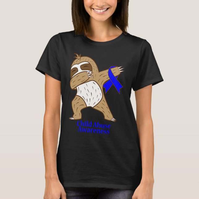 Child Abuse Awareness Ribbon Dabbing Sloth Warrior T-Shirt (Front)