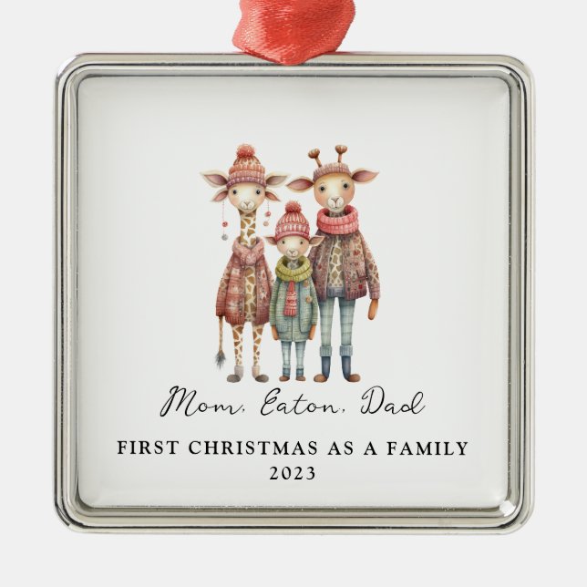 Child Adoption First Christmas As a Family Giraffe Metal Ornament (Front)