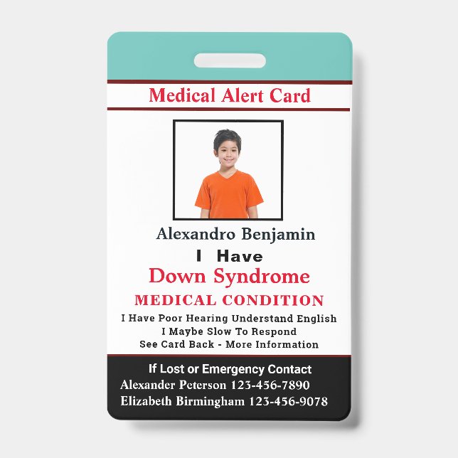 Child Adult Medical Alert ID Identification Card Badge (Front)