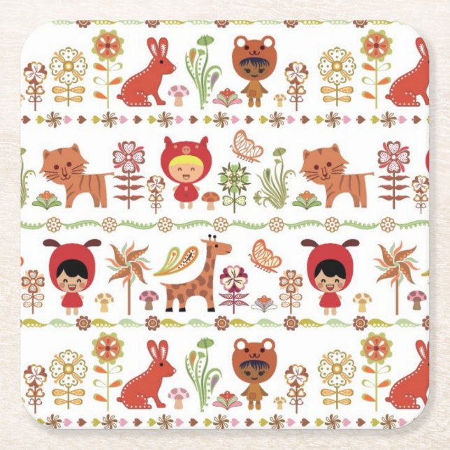 Child and Animals Pattern Square Paper Coaster (Front)