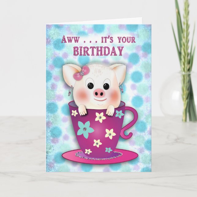 Child Birthday Sweet Baby Piggy in Coffee Cup Card (Front)