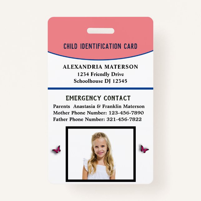 Child Boy Girl ID Identification Card Allergy ID Badge (Front)