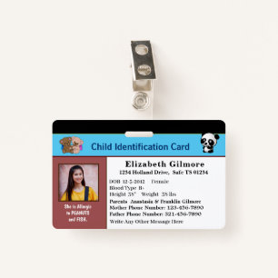 Child Boy Girl ID Identification Card Personalise  ID Badge