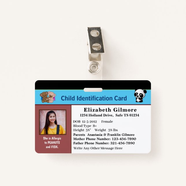 Child Boy Girl ID Identification Card Personalise  ID Badge (Front with Clip)