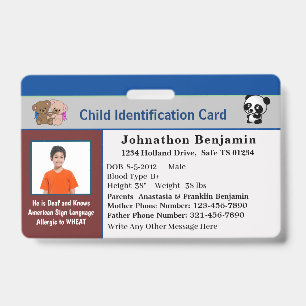 Child Boy Girl ID Identification Personalise Card Badge