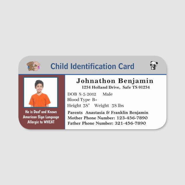 Child Boy Girl ID Identification Personalise Card Name Tag (Front)