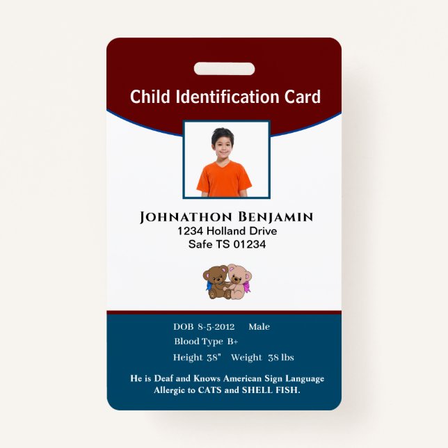 Child Boy Girl Photo Parent Contact Alert ID ID Badge (Front)