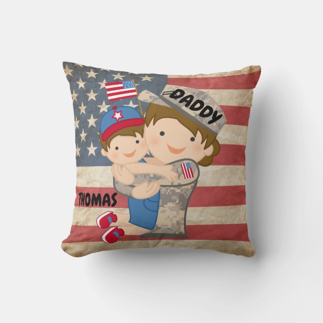 Child boy, son, Hugging Soldier Dad Pillow (Front)
