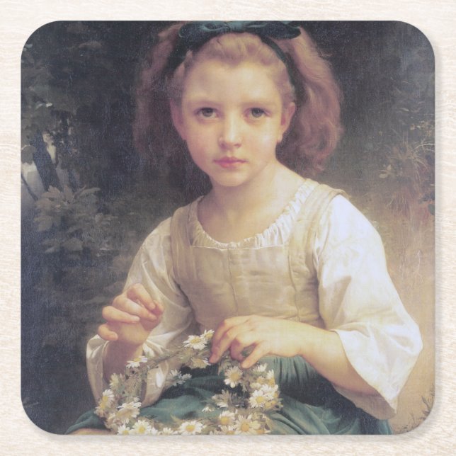 Child Braiding a Crown, Bouguereau Square Paper Coaster (Front)