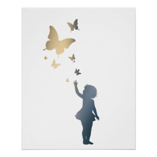 Child Butterfly Happy Life Illustration Silhouette Poster