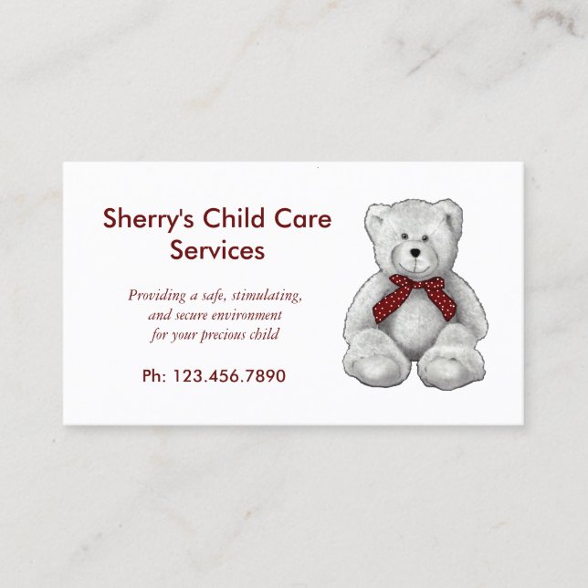 Child Care Services, Day Care, Teddy Bear, Pencil Business Card (Front)