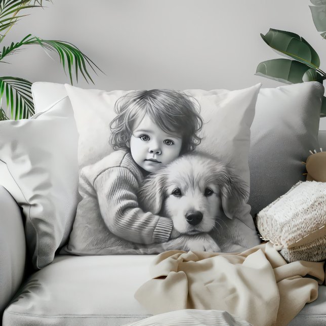 Child & Dog Innocence Captured Sketch Effect Cushion (Creator Uploaded)