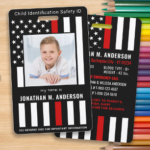 Child Emergency ID Firefighter Red Kids Photo  Badge
