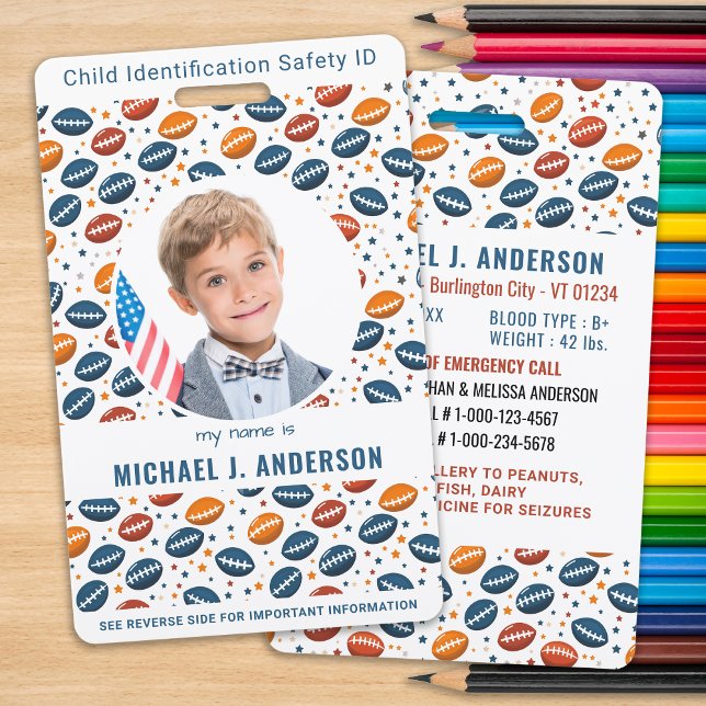 Child Emergency ID Football Pattern Kids Photo  Badge (Creator Uploaded)