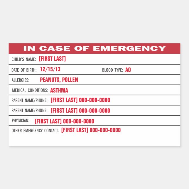 Child Emergency Information Sticker (Front)