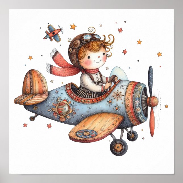 Child Flying Old Aeroplane Whimsical Nursery Art Poster (Front)