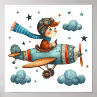 Child Flying Propeller Plane Whimsical Nursery Art