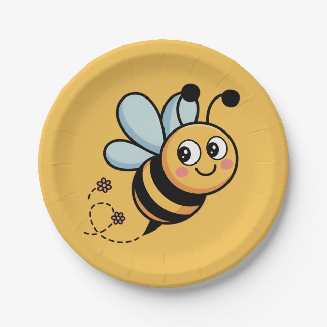 Child-Friendly Bee Mascot with Dotted Trail Paper Plate (Front)