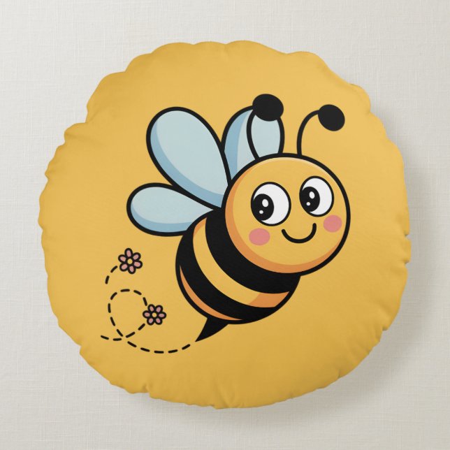 Child-Friendly Bee Mascot with Dotted Trail Round Cushion (Front)