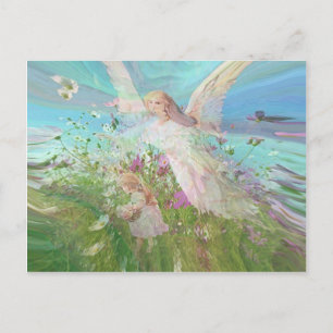 Child gathering flowers in a field. postcard