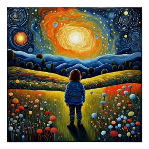 Child gazes at starry sky and wonders poster