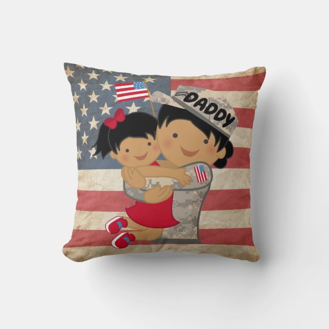 Child girl, daughter, Hugging Soldier Dad Pillow (Front)