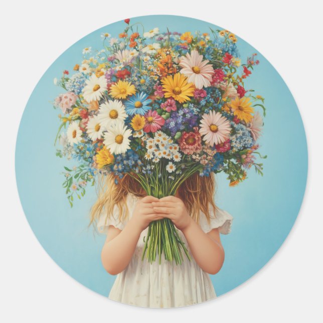 Child Holding a Lush Wildflower Bouquet Classic Round Sticker (Front)