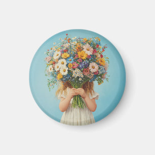 Child Holding a Lush Wildflower Bouquet Magnet