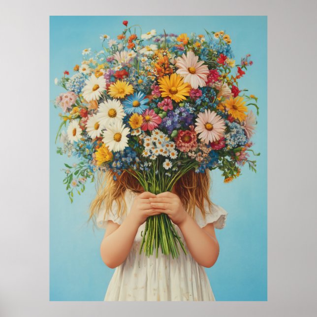 Child Holding a Lush Wildflower Bouquet Poster (Front)