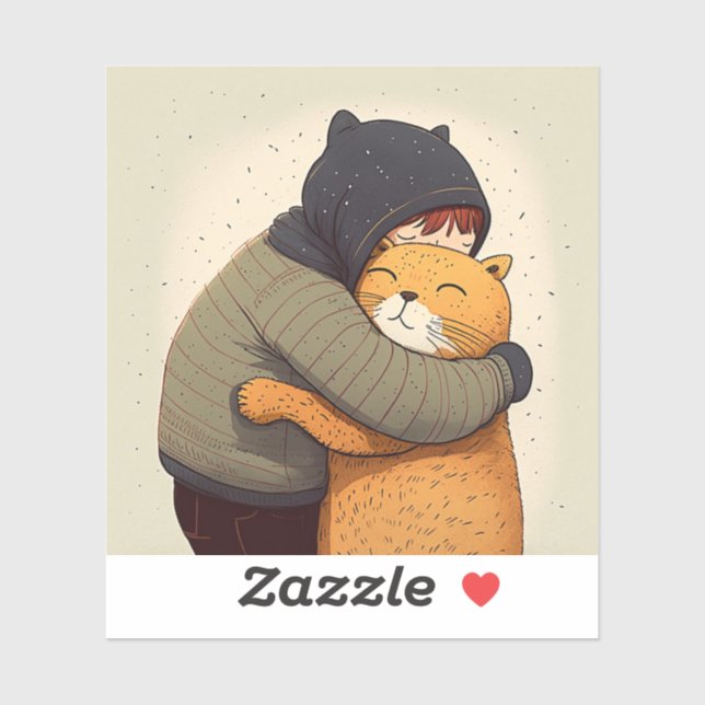 Child hugs cute ginger cat. Kid and funny animal  (Sheet)