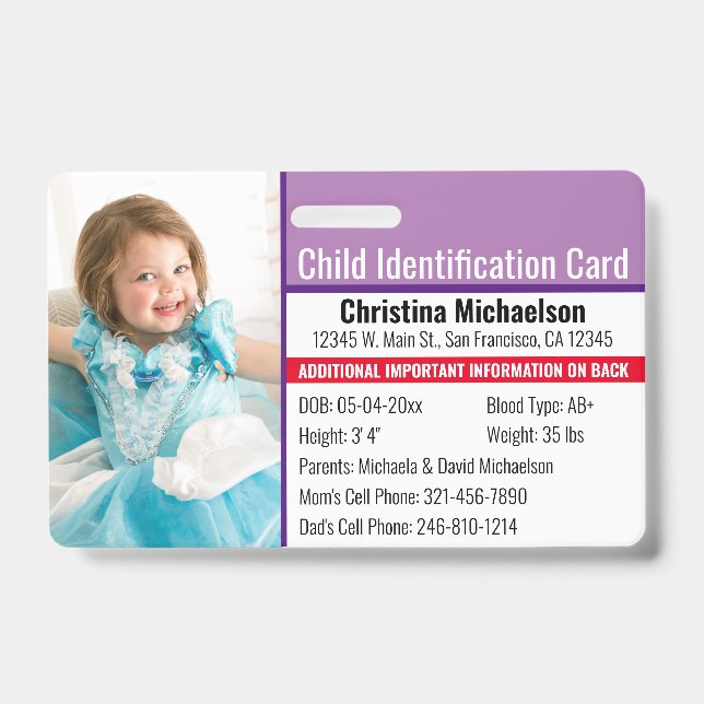 Child ID Emergency Allergy Photo Identification Badge (Front)