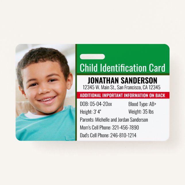 Child ID Emergency Allergy Photo Identification ID Badge (Front)