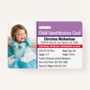 Child ID Emergency Allergy Photo Identification ID Badge