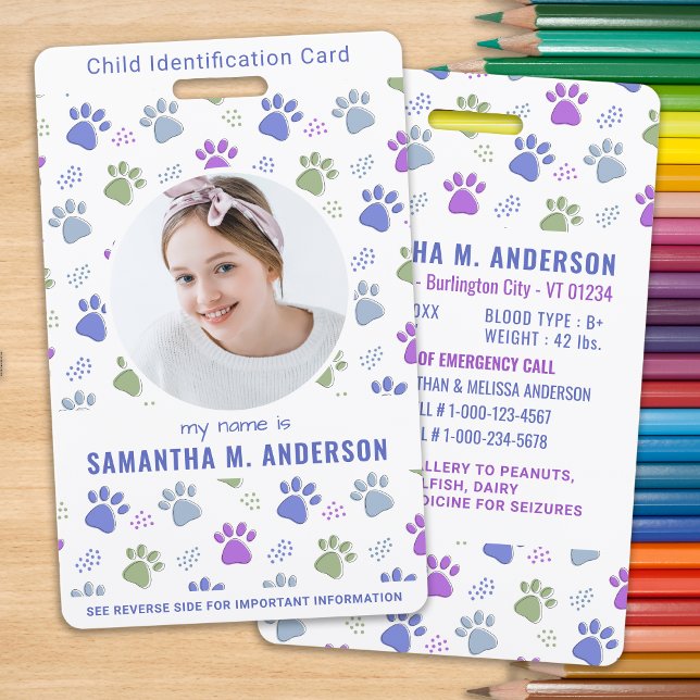 Child ID Emergency Card Cute Paw Prints Photo  Badge (Creator Uploaded)