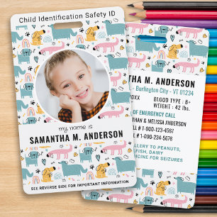Child ID Emergency Cute Dogs Kids Identification Badge