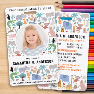 Child ID Emergency Cute Fun Animals Kids Photo  Badge