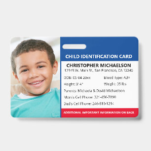 Child ID Identification Emergency Allergy Photo Badge