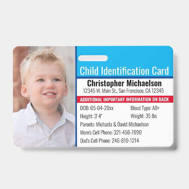 Child ID Identification Emergency Allergy Photo Badge (Front)