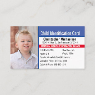 Child ID Identification Emergency Allergy Photo Business Card