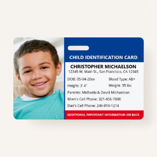 Child ID Identification Emergency Allergy Photo ID Badge